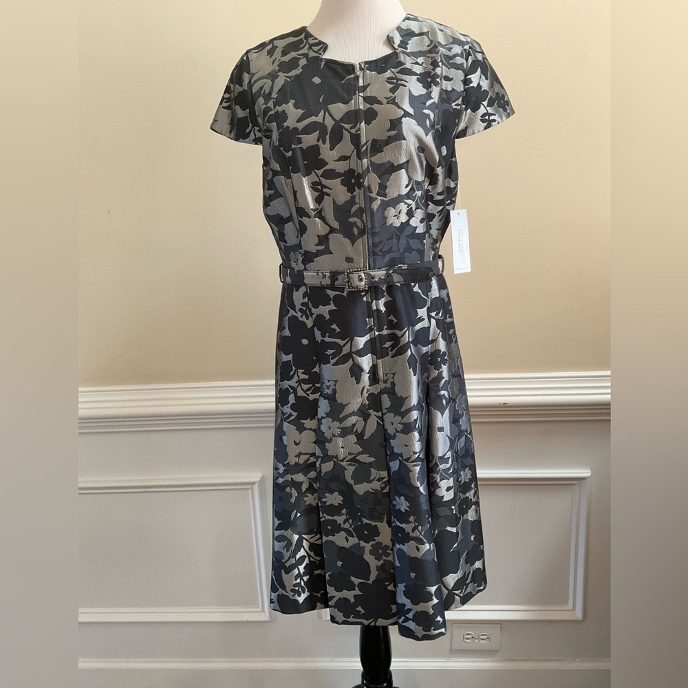 Rickie Freeman Teri Jon Womens Gray Floral Jacquard Fit Flare Midi Dress Size 14